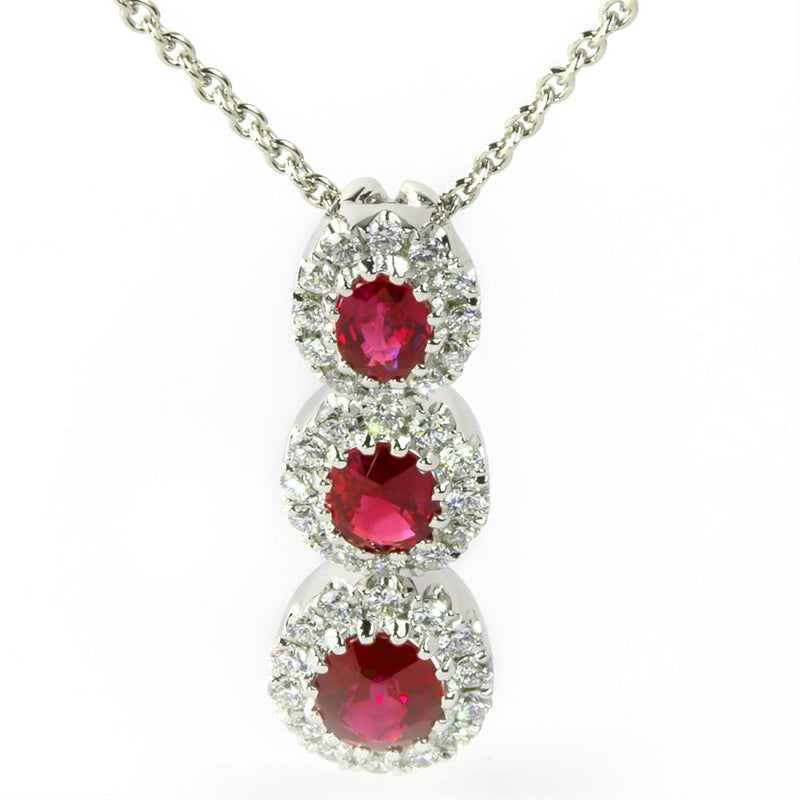 Ruby & Diamond Oval Halo Three Stone Pendant Necklace