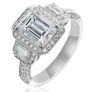 Emerald Cut 2.10 Carat Diamond Three Stone Halo White Gold Engagement Ring