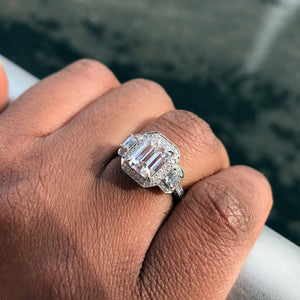 Emerald Cut 2.10 Carat Diamond Three Stone Halo White Gold Engagement Ring