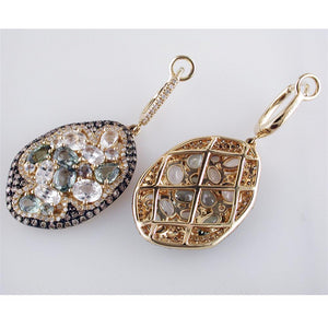 Green & Colorless Sapphire & Diamond Freeform Style Oval Drop Dangle Earrings 14K