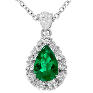 Gregg Ruth Pear Shape Emerald Diamond Halo Pendant in 18K White Gold
