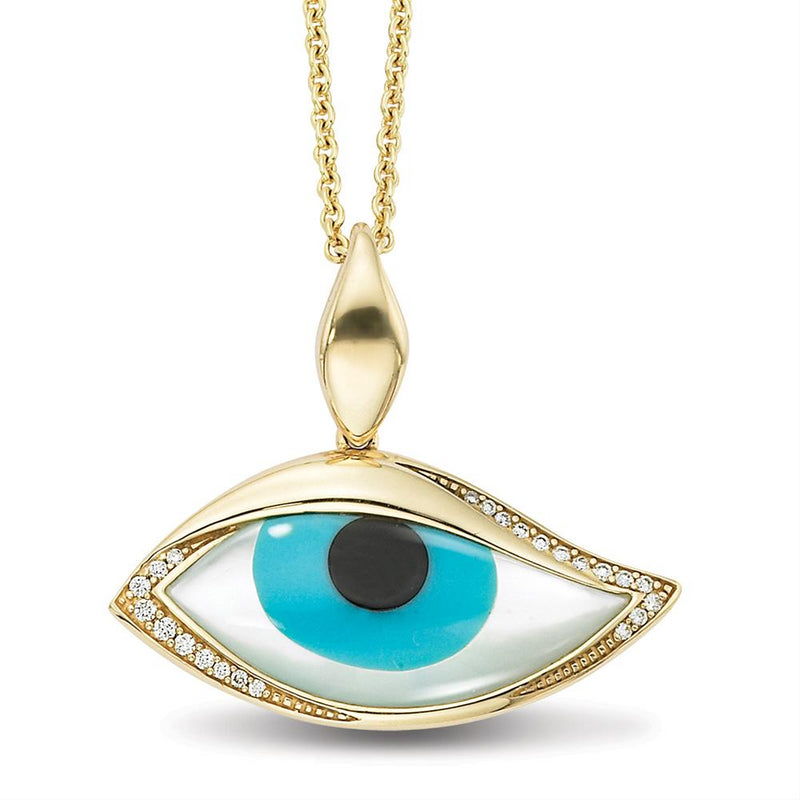 Kabana Kalo Mati 14k Yellow Gold Blue Evil Eye Diamond Pendant with Turquoise Inlay GPCF471OXTMW - Nagi Jewelers