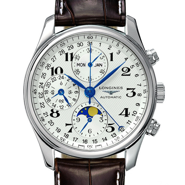 Longines Master 40MM Automatic Chronograph Moonphase Brown Alligator Watch  L26734783