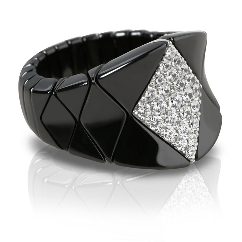 Roberto Demeglio Diva Elastic Stretch Ring in Black Shiny Ceramic with Concave Diamonds