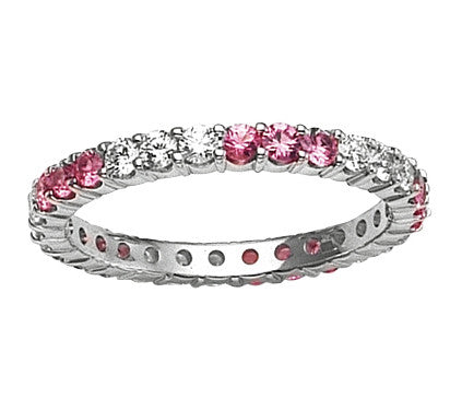 Diamond & Pink Sapphire Three Alternating Eternity Wedding Band Anniversary Ring 18K White Gold