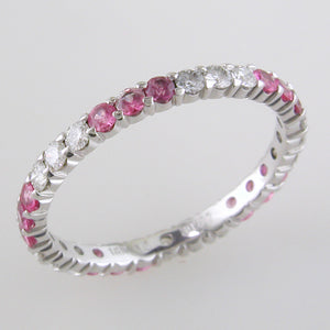 Diamond & Pink Sapphire Three Alternating Eternity Wedding Band Anniversary Ring 18K White Gold