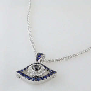 Evil Eye Mati Blue Sapphire, Diamond & Black Diamond Pendant Necklace 18K White Gold