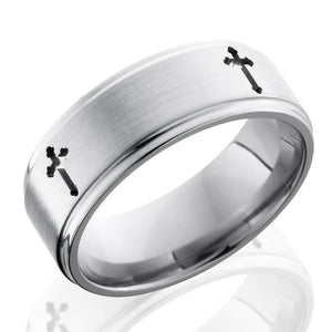 Lashbrook 8mm Titanium Men's Flat Wedding Band Ring with Gothic Crosses