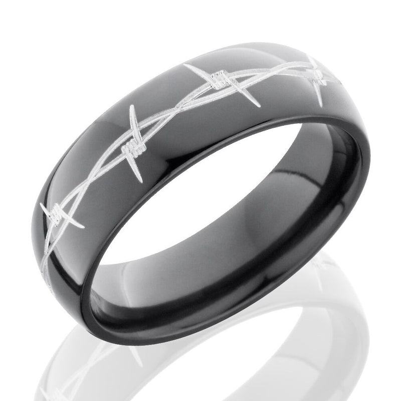 Lashbrook 7mm Black Zirconium Domed Men's Wedding Band Ring with Barbed Wire Pattern