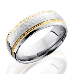 Lashbrook 7mm Cobalt Chrome Men's Domed Hammered Wedding Band Ring with Yellow Gold