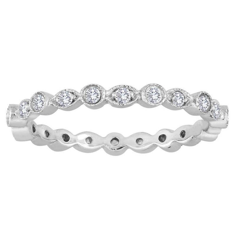 Stackable Alternating Bezel & Leaf Diamond Wedding Eternity Band Ring with Milgrain