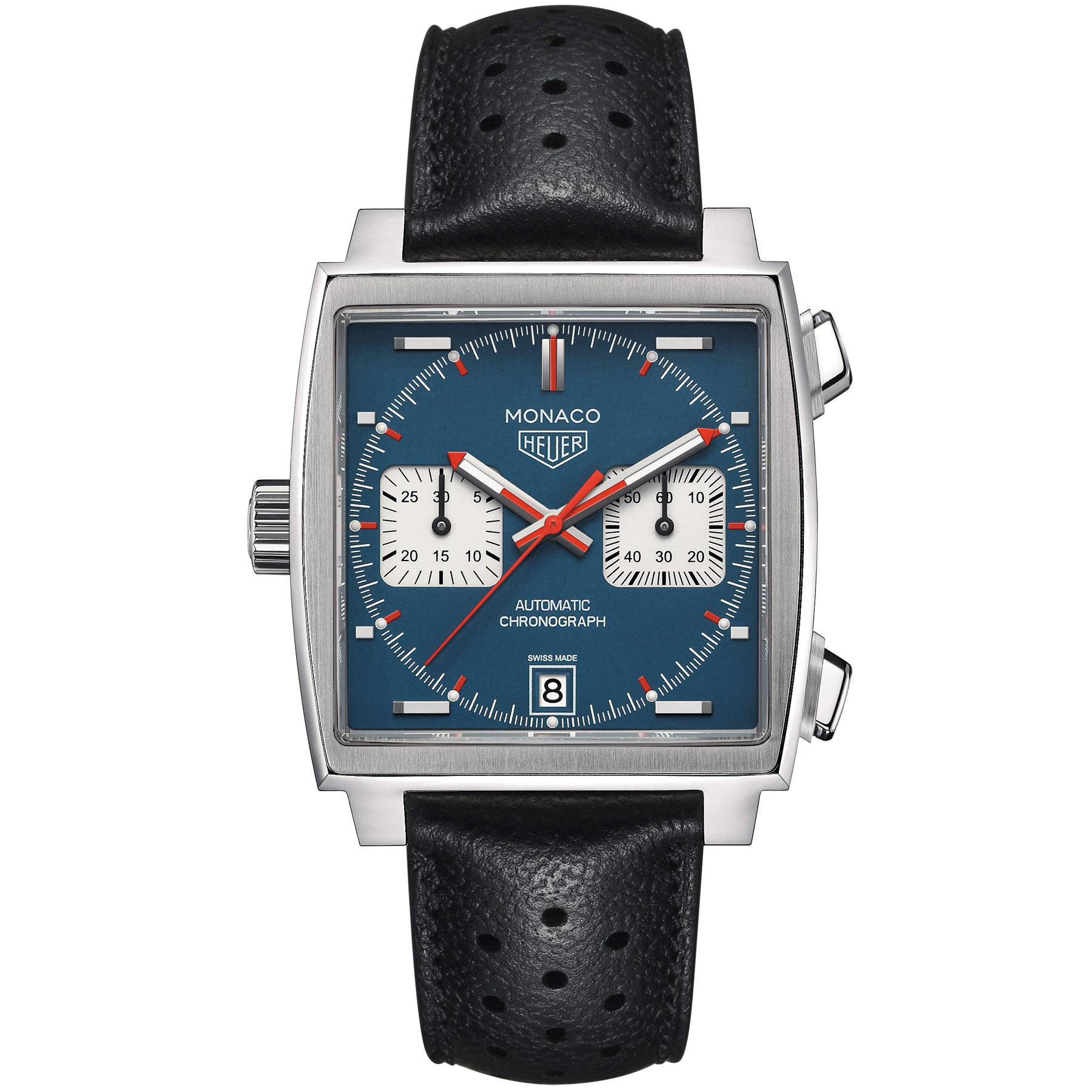 Tag Heuer Monaco Chronograph 39mm Watch - Blue Dial - Blue Rubber & Leather Band - Titanium Square Case