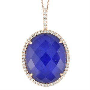 Doves Blue "Royal Lapis" & Diamond Oval Rose Gold Pendant Necklace