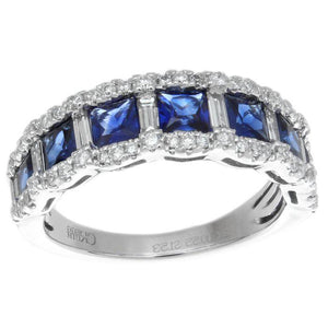 Princess Sapphire & Diamond Scalloped Stackable Ring 18K White Gold