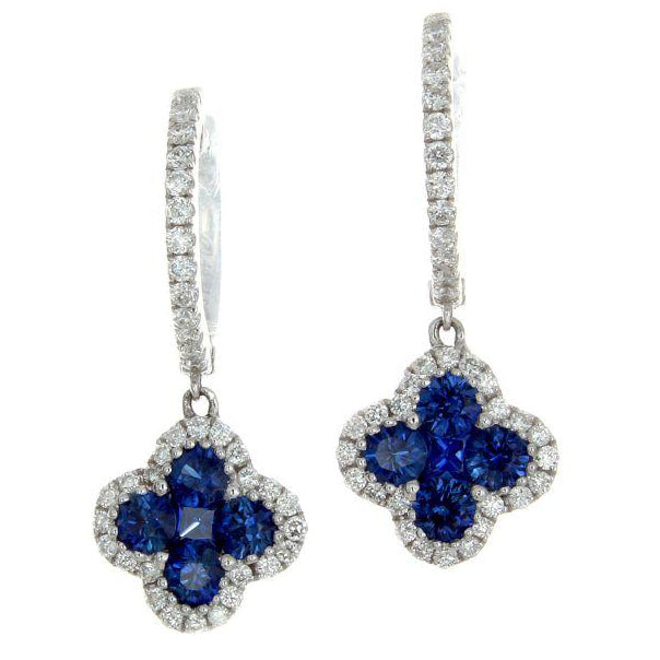 Sapphire & Diamond Clover Dangle Huggy Earrings 18K White Gold