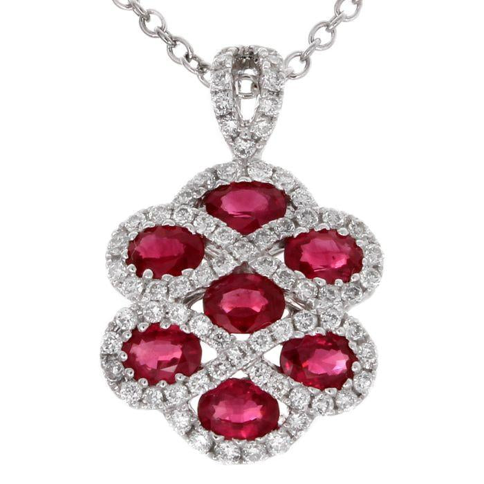 Ruby & Diamond Criss Cross Pendant Necklace 18K White Gold
