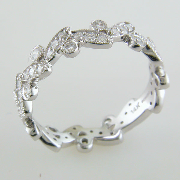 Stackable Leaf Bezel Set Diamond Wedding Eternity Band Ring with Milgr ...