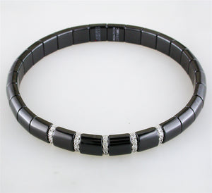 Roberto Demeglio Pura Black Ceramic Elastic Bracelet with 5 Diamond Sections Glossy