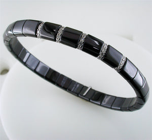 Roberto Demeglio Pura Black Ceramic Elastic Bracelet with 5 Diamond Sections Glossy