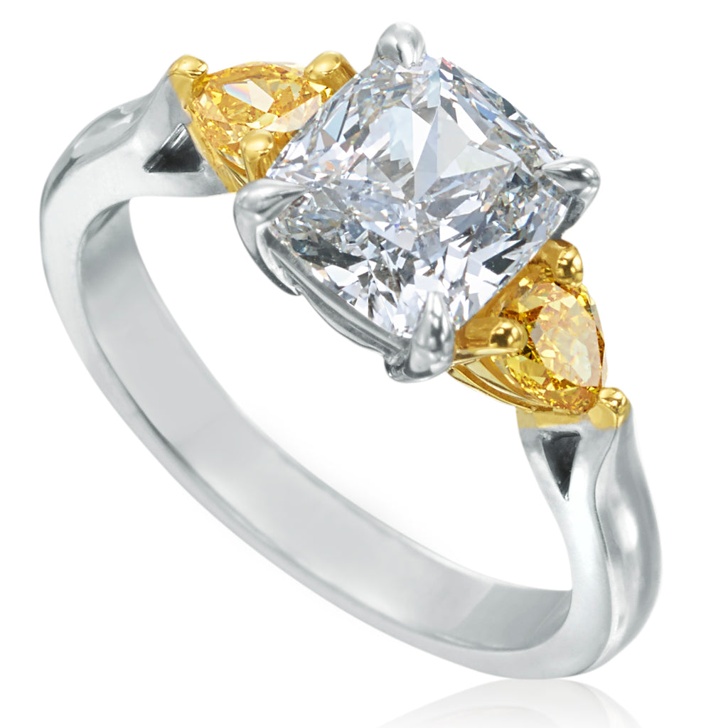 Cushion Shaped Diamond 18K Gold Engagement Ring with Pear Shaped Yellow Diamonds