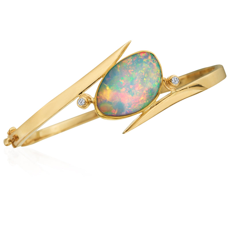 Oval Freeform Ethiopian Opal & Diamond 22K Yellow Gold Bangle Bracelet