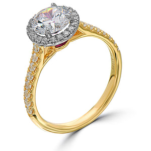 Point of Love Round 1 Carat Diamond Halo Engagement Ring Yellow Gold with Ruby