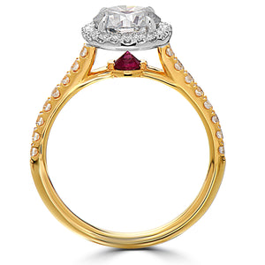 Point of Love Round 1 Carat Diamond Halo Engagement Ring Yellow Gold with Ruby