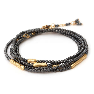 Anne Sportun Five Gold Bar Accent Hematite Beaded Wrap Bracelet & Necklace 34" B274G-HEM