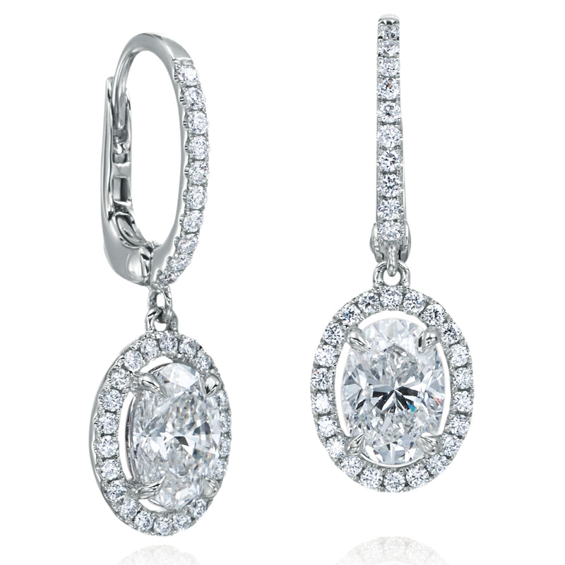 Oval Diamond Halo Huggy Drop Earrings in 18K White Gold