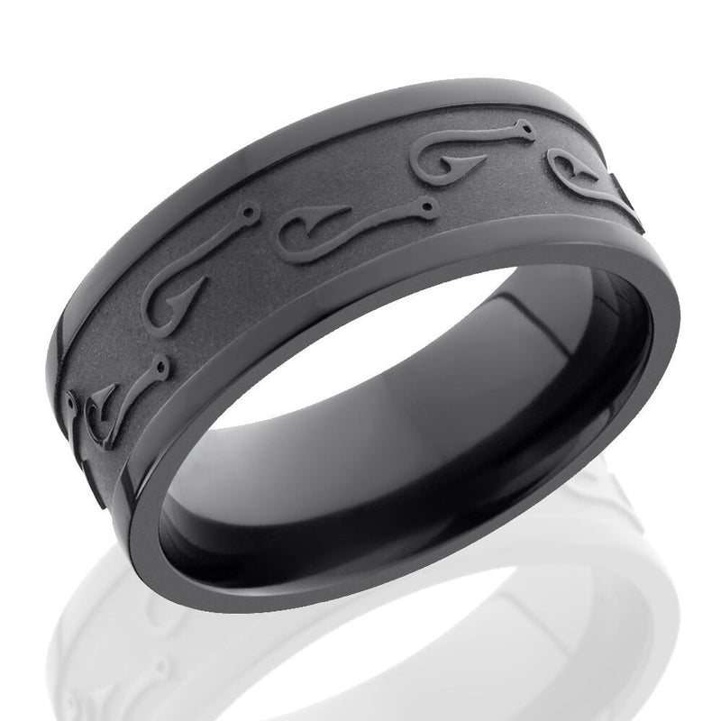 Lashbrook 8mm Black Zirconium Flat Men's Wedding Band Ring with Fishhook Pattern