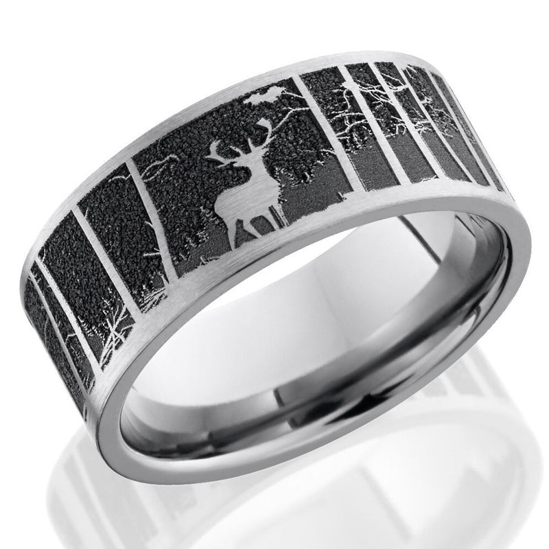 Lashbrook 9mm Titanium Men's Flat Wedding Band Ring with Elk in Mountains Pattern