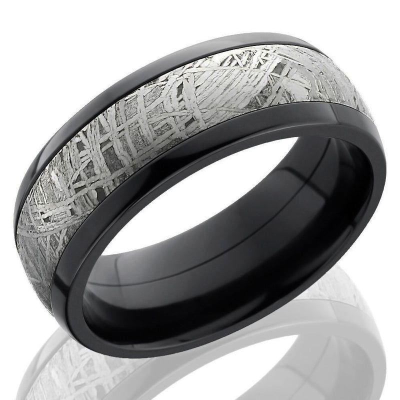 Lashbrook 8mm Black Zirconium Domed Men's Wedding Band Ring with 5mm Meteorite Inlay