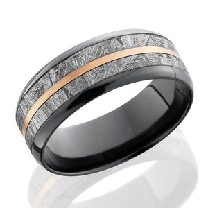 Lashbrook 8mm Black Zirconium Men's Flat Wedding Band Ring with Meteorite & Rose Gold