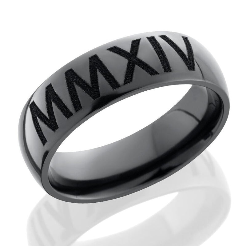Lashbrook 7mm Black Zirconium Domed Men's Wedding Band Ring with Roman Numeral Date