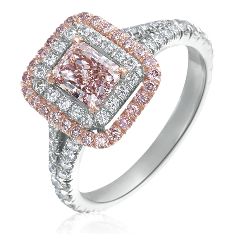 Fancy Pink Rectangle .76 Carat GIA Diamond Double Halo Platinum & 14K Engagement Ring