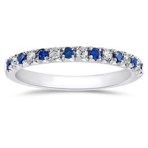 Sapphire & Diamond Prong Set French Cut White Gold Wedding Band Ring 14K