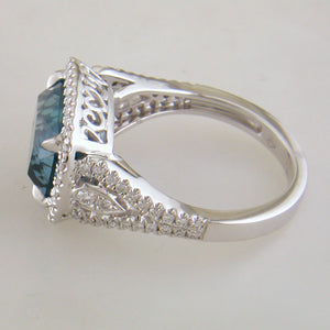 Doves London Blue Cushion Topaz Diamond Halo Rectangular Ring