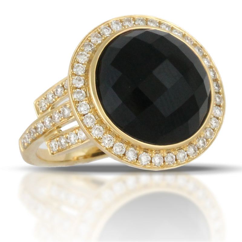 Doves Round Black Onyx 18K Yellow Gold Diamond Halo Ring back