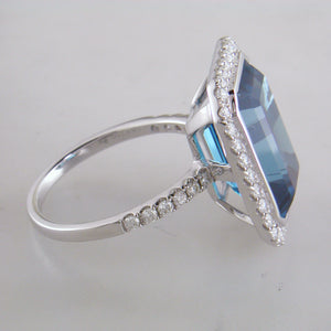 Doves London Blue Rectangle Topaz Diamond Halo 18K White Gold Ring