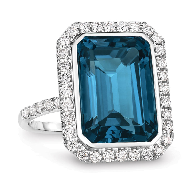 Doves London Blue Rectangle Topaz Diamond Halo 18K White Gold Ring