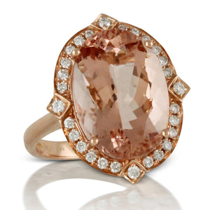Doves Morganite 18K Pink Rose Gold Diamond Oval Halo Ring right hand