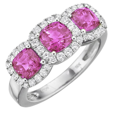 Cushion Shaped Pink Sapphire & Diamond Halo 18K White Gold Three Stone Ring