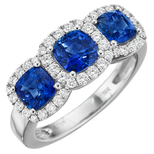 Cushion Shaped Blue Sapphire & Diamond Halo 18K White Gold Three Stone Ring