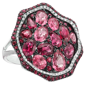 Ruby, Pink Sapphire, & Diamond Freeform Style Circular Ring 14K White Gold