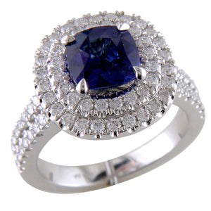 Cushion Shaped Blue Sapphire & Diamond Double Halo Platinum Engagement or Cocktail Ring