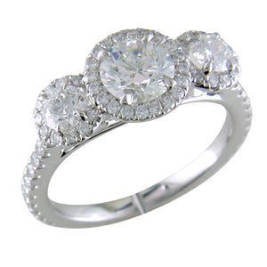 Point of Love Round Diamond Three Stone White Gold Halo Engagement Ring 2.25 Carats