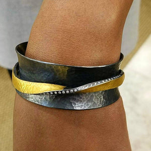 Lika Behar "Twist" Open Cuff Bracelet Oxidized Silver & 24K Gold Fusion with Diamonds