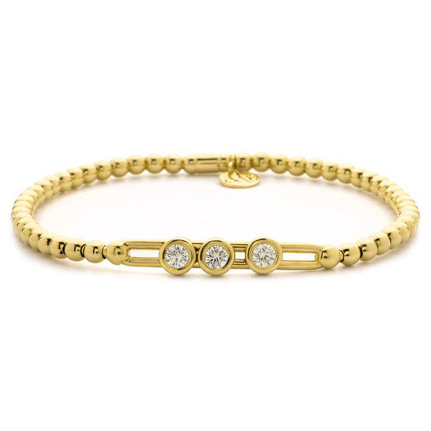 Hulchi Belluni Fidget Bracelet with Three Bezel Diamond Moveable Stations Yellow Gold Stretch Stackable