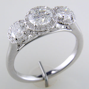 Point of Love Round Diamond Three Stone White Gold Halo Engagement Ring 1 1/2 Carats