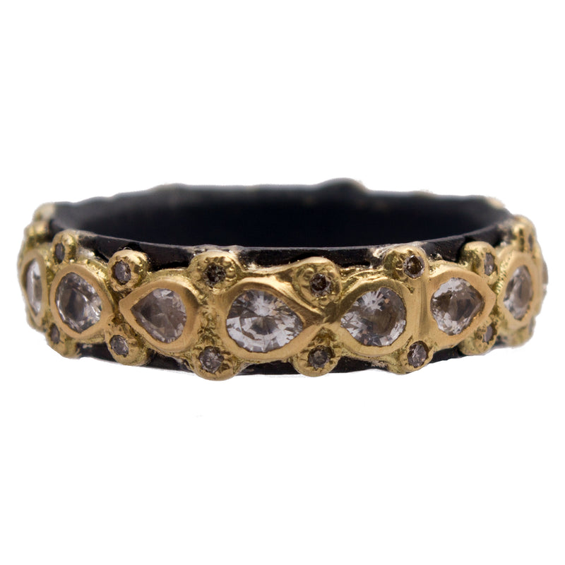 Armenta Old World Lacy Stackable 18K Yellow Gold & Black Silver Ring Pear Shape Sapphires & Champagne Diamonds